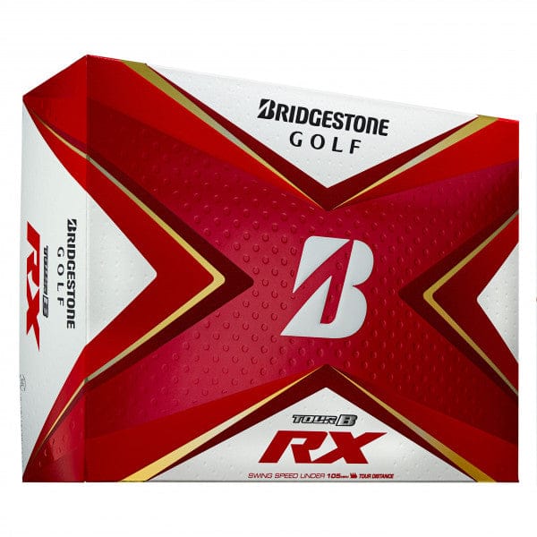 Bridgestone Tour B RX Golfbälle 12er Pack weiß mit rotem und goldenem Design auf Verpackung.