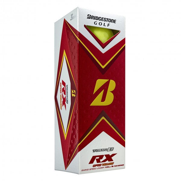 Bridgestone Tour B RX Golfball Verpackung in Weiß und Rot mit gelbem Logo.