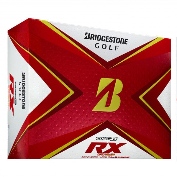 Bridgestone Tour B RX Golfball-Verpackung in Rot, Weiß und Gold mit markantem X-Design.