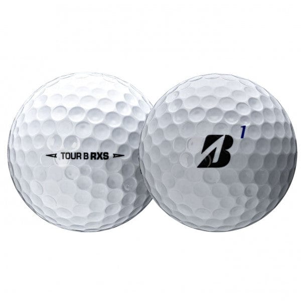 Zwei weiße Bridgestone Tour B RXS Golfbälle mit Dimples und schwarzem Markenlogo.