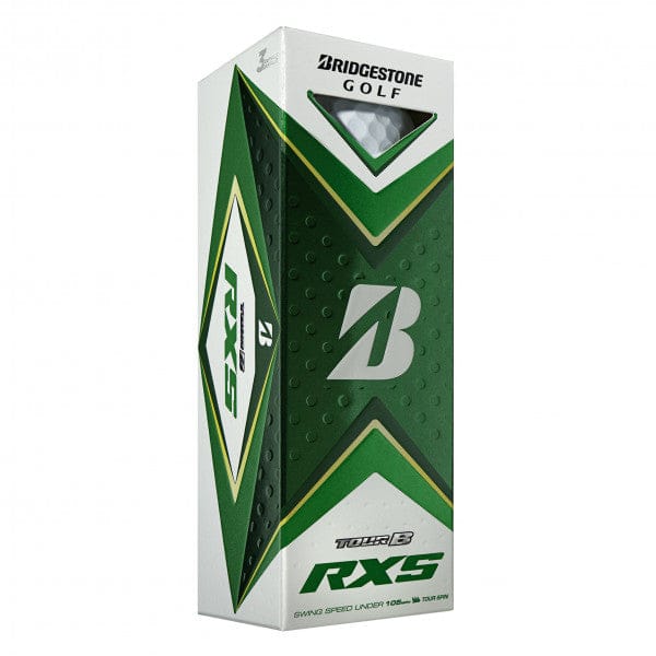 Grüne Bridgestone Tour B RXS Golfball-Verpackung mit weißem und grünem Logo und goldenen Akzenten.