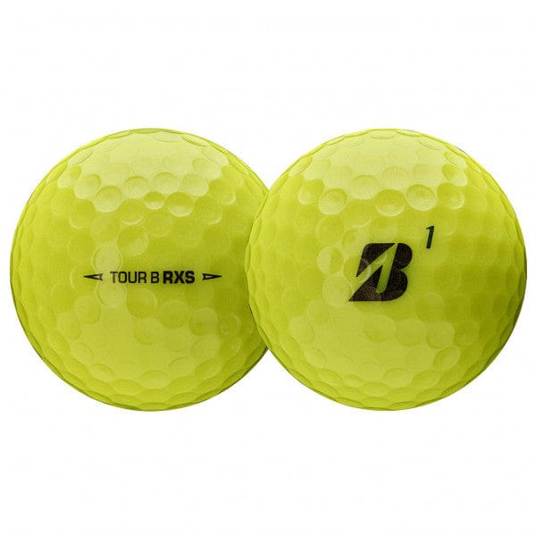 Zwei gelbe Bridgestone Tour B RXS Golfbälle mit Oberflächenstruktur und Markierungen.