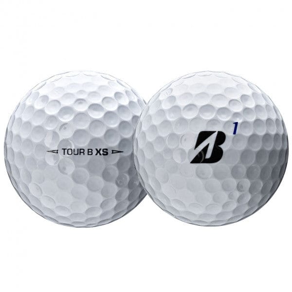 Weißer Bridgestone Tour B XS Golfball mit schwarzem Logo und Modellbezeichnung in Schwarz und Blau.