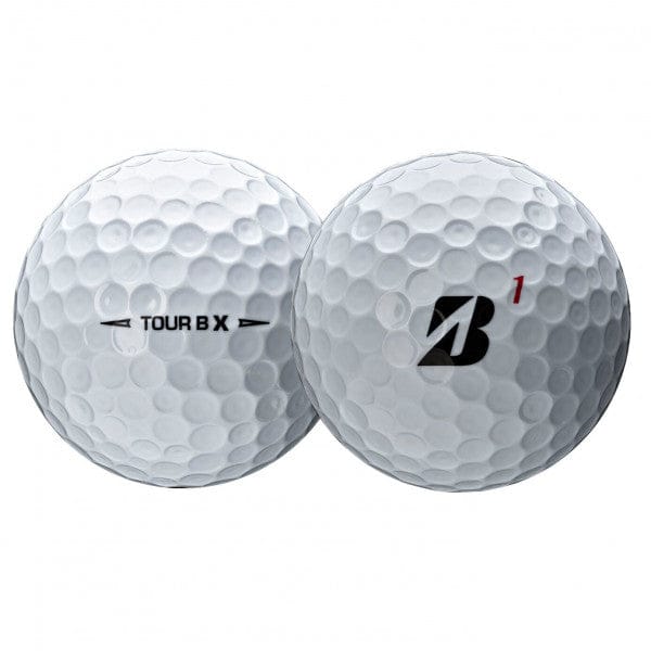 Zwei weiße Bridgestone Tour B X Golfbälle mit Prägung und Logo, Nahaufnahme.