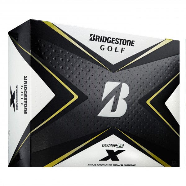 Bridgestone Tour B X Golfbälle, weiße Kunststoffbox mit schwarzem und goldfarbenem Design.