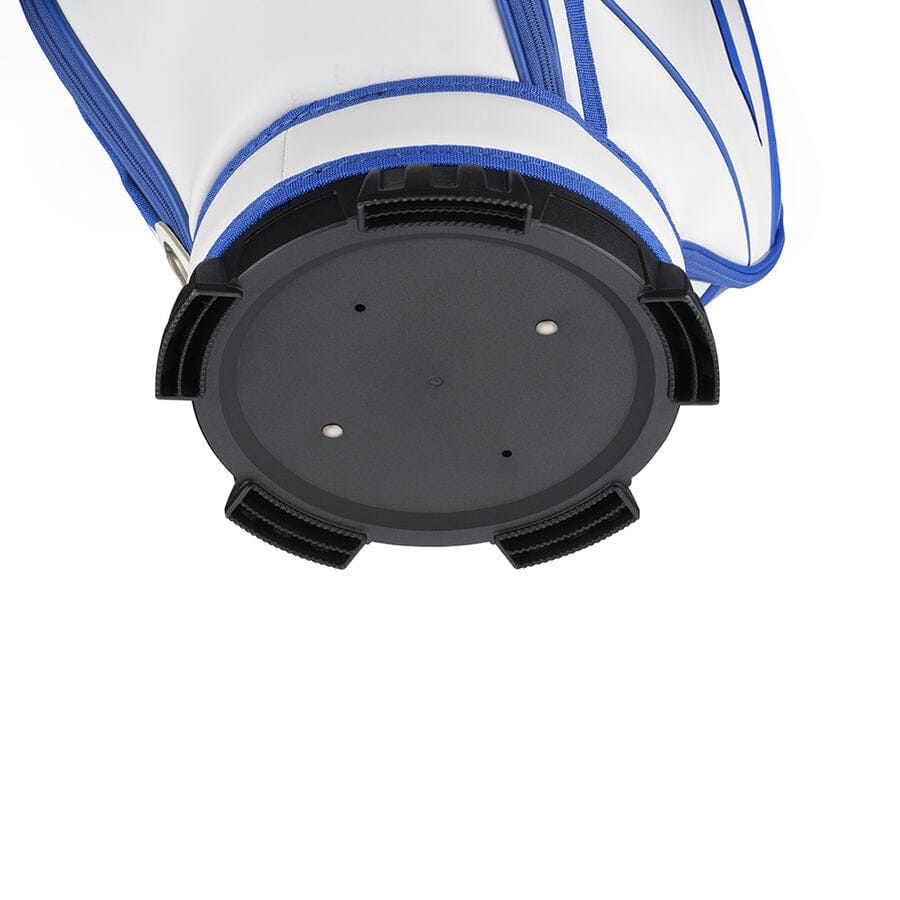 Runde Golfcart-Tasche in Weiß mit blauen Akzenten und schwarzem Standfuß.