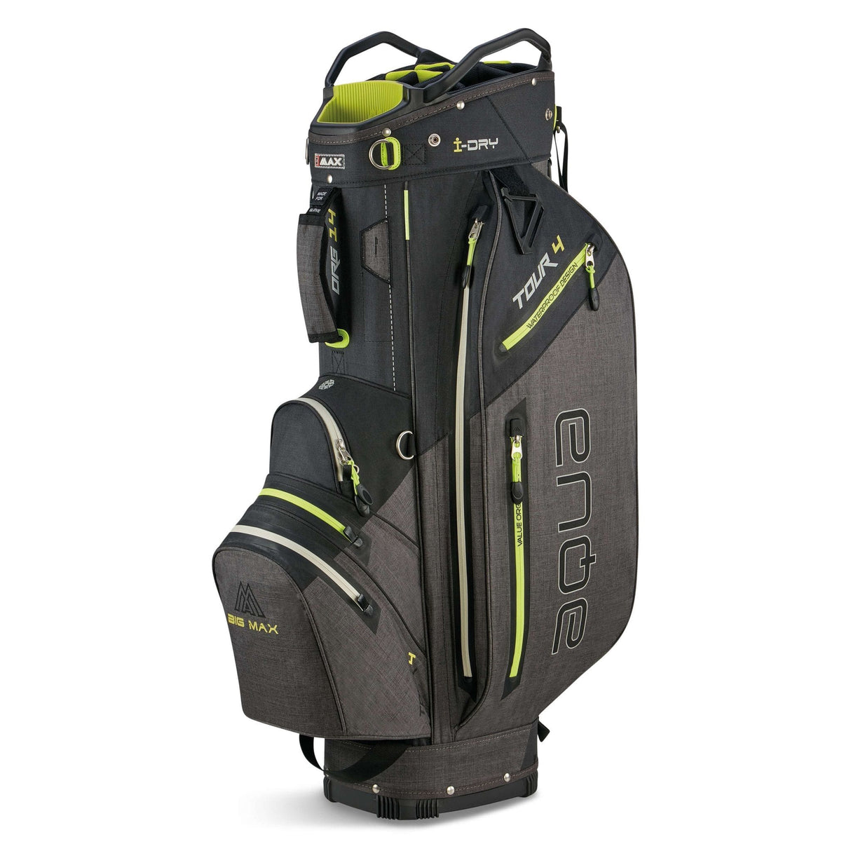 Big Max Aqua Tour 4 Cartbag in anthrazit mit limettengrünen Akzenten und mehreren Reißverschlusstaschen.
