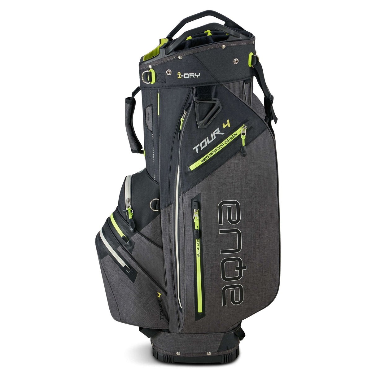 Schwarzes Big Max Aqua Tour 4 Cartbag mit limegrünen Reißverschlüssen und wasserdichtem Material.