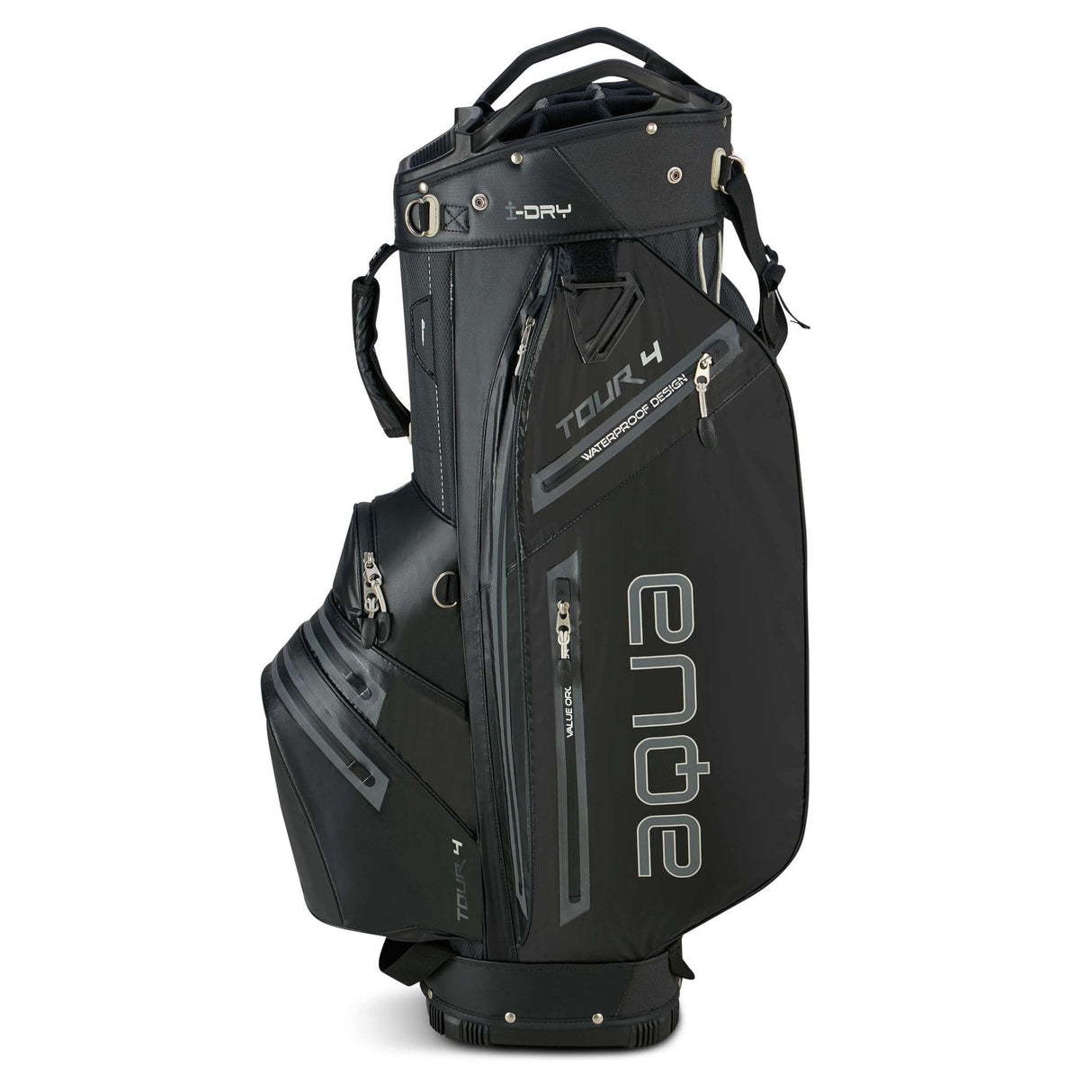 Schwarzes Big Max Aqua Tour 4 Golf-Cartbag mit mehreren Zipperfächern und Tragegriffen.