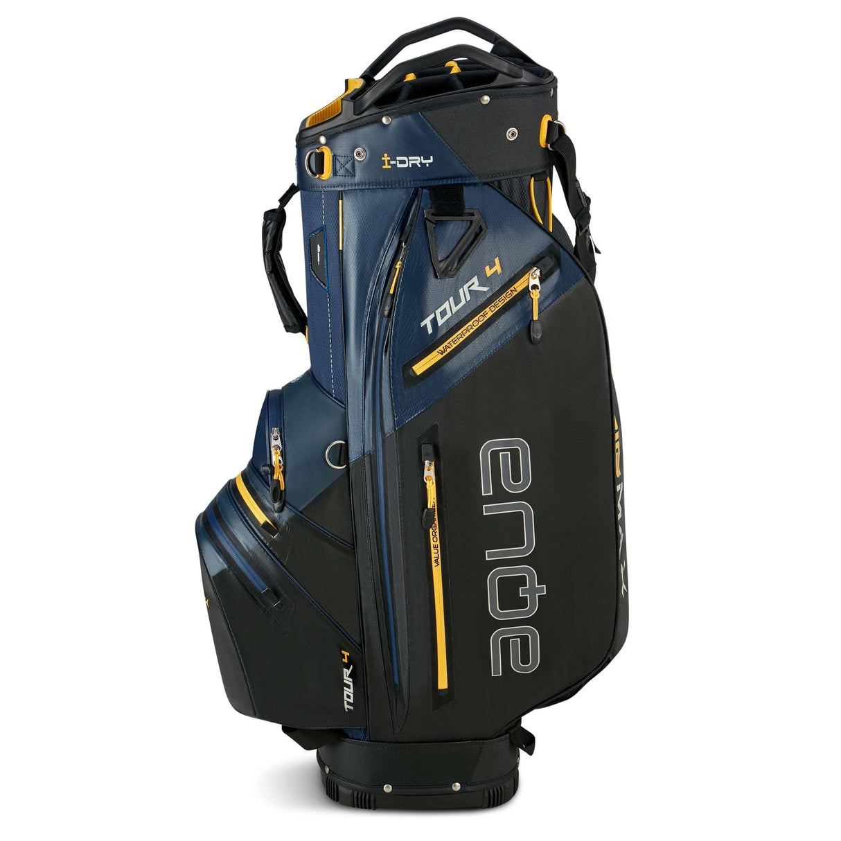 Big Max Aqua Tour 4 Cartbag in Navy mit schwarzen und orangefarbenen Akzenten, großem Schriftzug und mehreren.