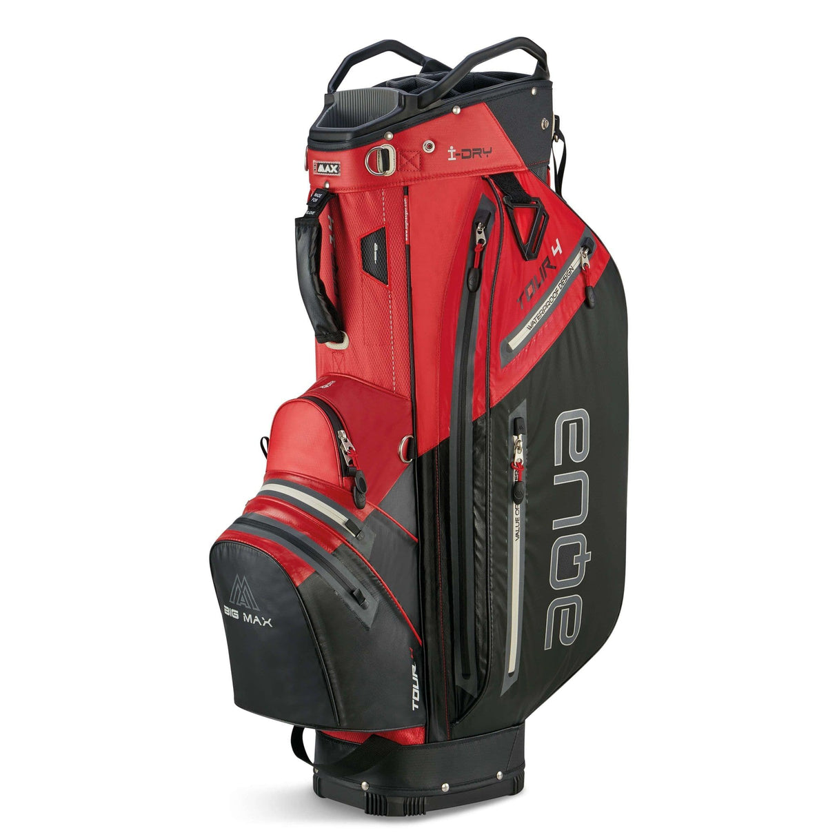 Big Max Aqua Tour 4 Golf-Cartbag in Schwarz-Rot mit mehreren Taschen und Tragegriff.