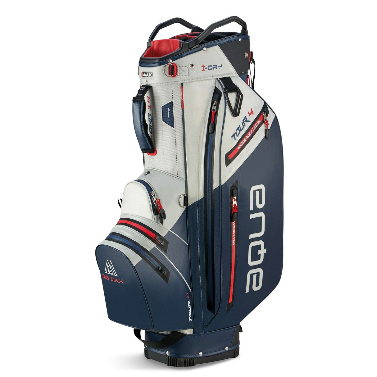 Blau-schwarzes Big Max Aqua Tour 4 Cartbag Golfbag mit mehreren Taschen und rotem Innenfutter.