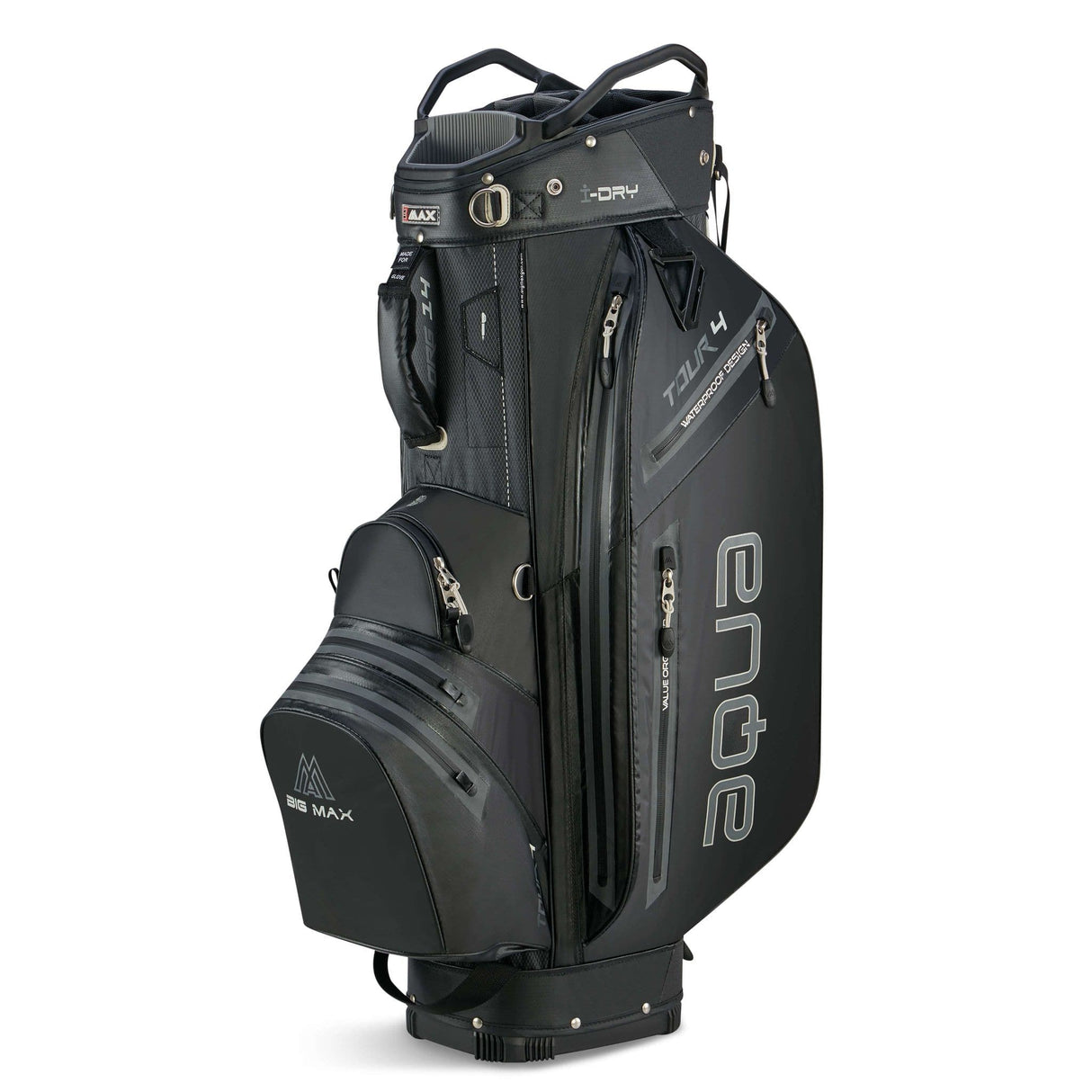 Schwarzes Big Max Aqua Tour 4 Golf-Cartbag mit mehreren Reißverschlusstaschen und robustem Tragegriff.