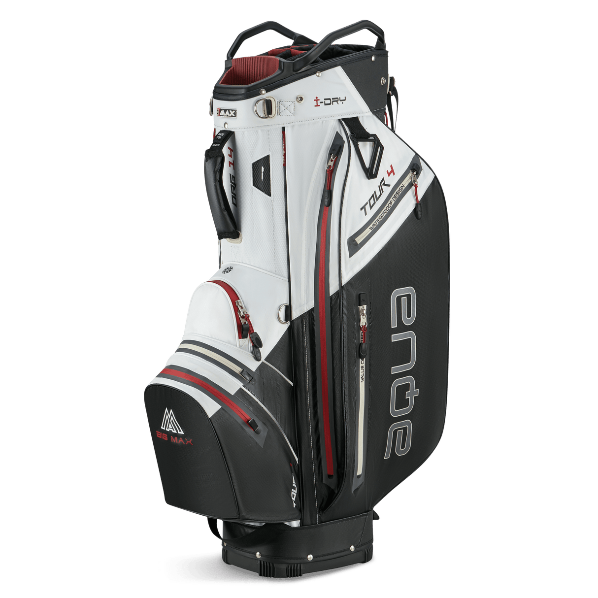 Weißes Big Max Aqua Tour 4 Cartbag mit schwarzen und weinroten Akzenten, mehreren Taschen und Tragegriff.