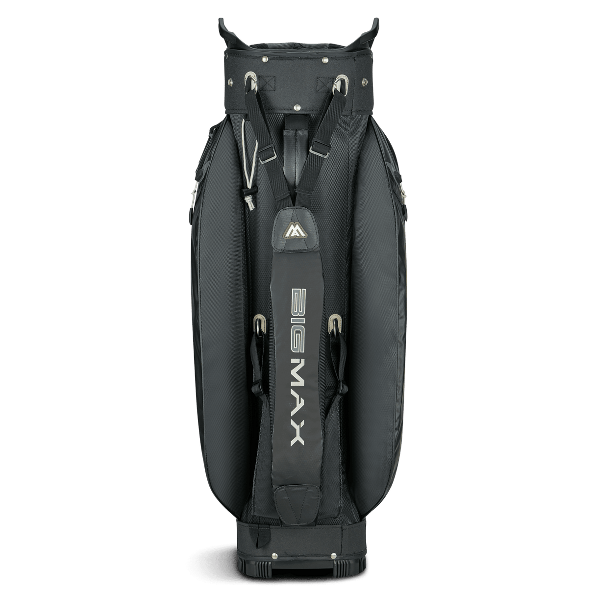 Schwarzes Big Max Aqua Tour 4 Golf-Cartbag mit gepolstertem Tragegurt und mehreren Reißverschlusstaschen.