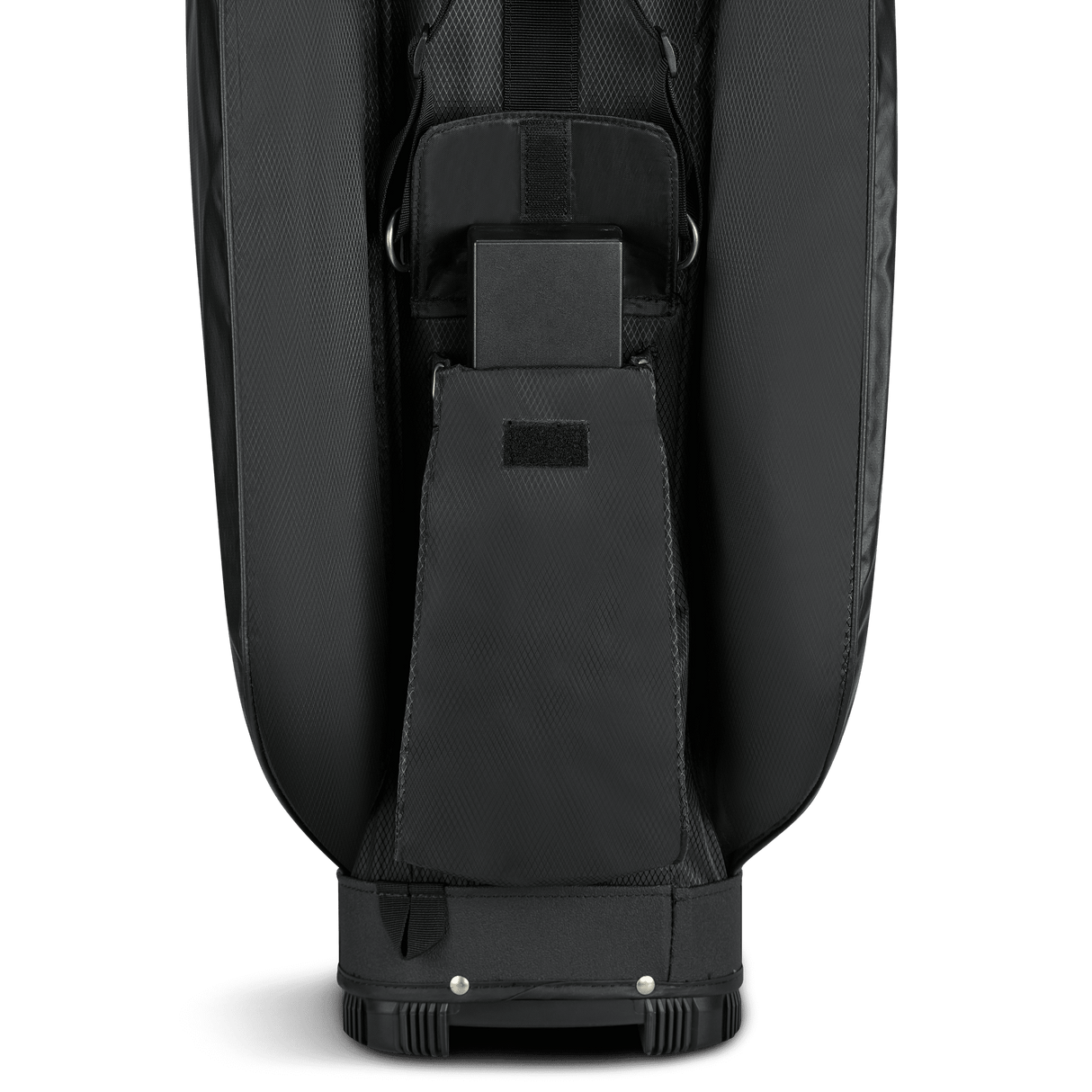 Schwarzes Big Max Aqua Tour 4 Cartbag mit Fronttasche und geformtem Fußbereich.