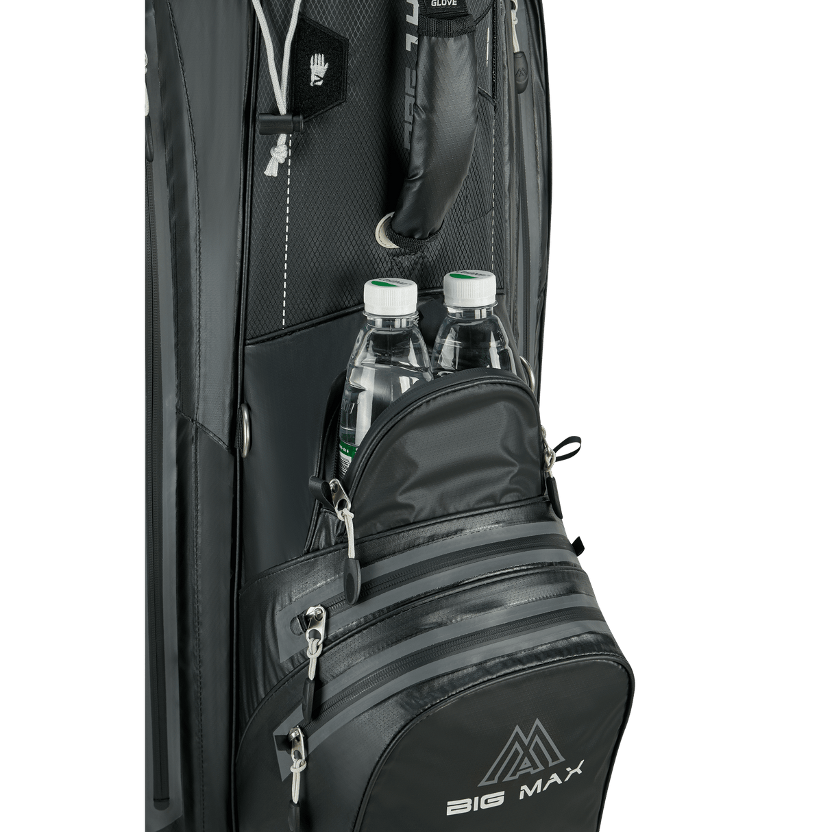 Schwarzes Big Max Aqua Tour 4 Golfcartbag mit mehreren Reißverschlusstaschen und isoliertem Fach mit zwei Wasserflaschen.
