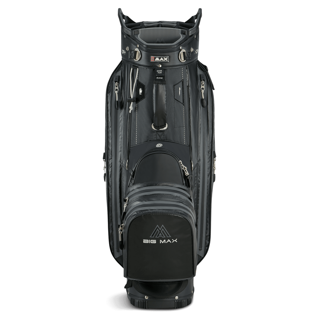 Schwarzes Big Max Aqua Tour 4 Golf-Cartbag mit grauen Details und mehreren Taschen.