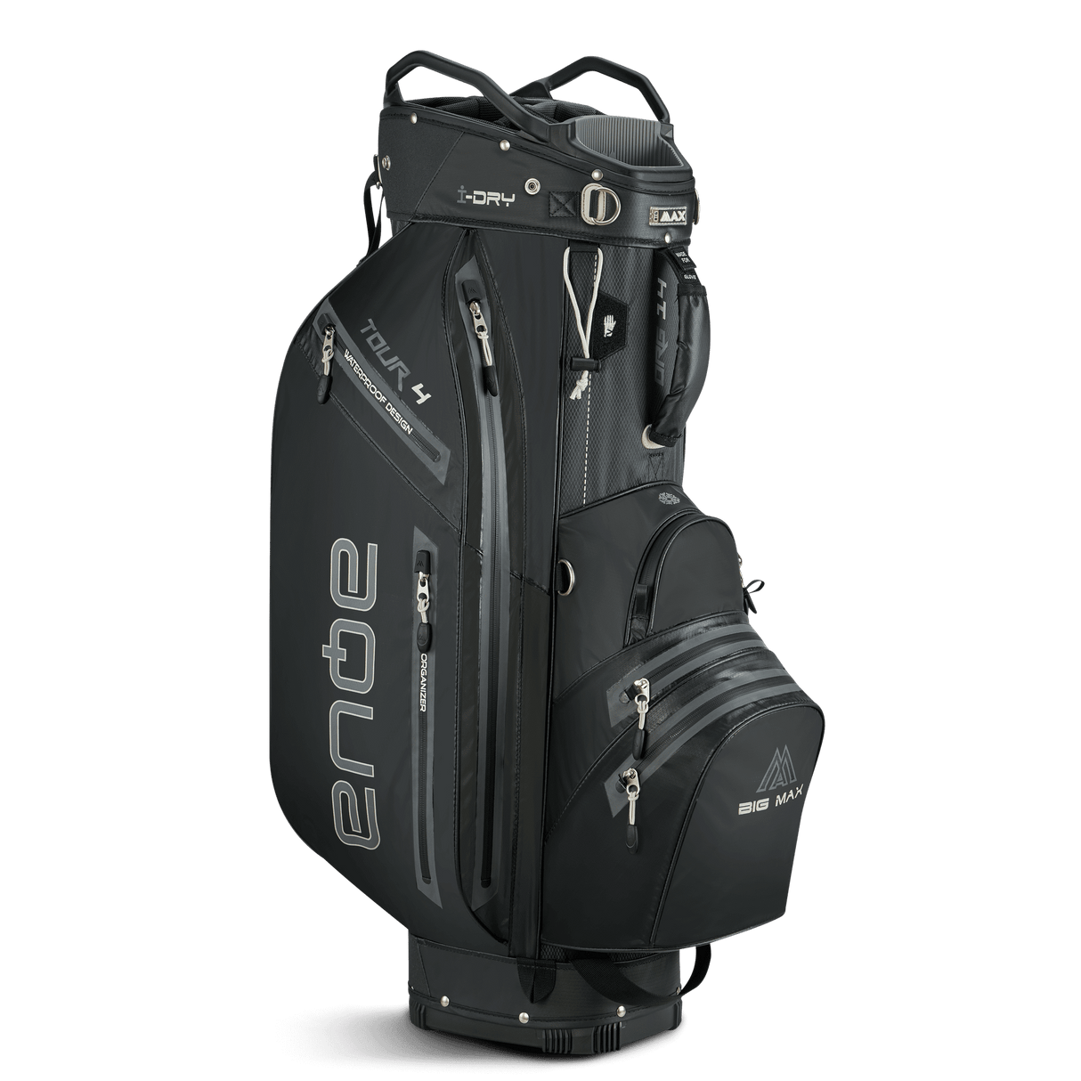 Schwarzes Big Max Aqua Tour 4 Cartbag mit mehreren Reißverschlusstaschen und ergonomischen Griffen.