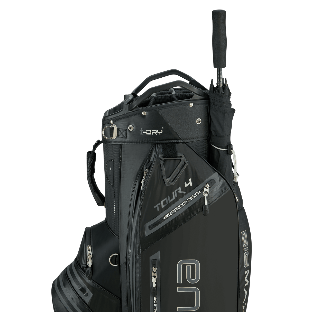 Schwarzes Big Max Aqua Tour 4 Golf-Cartbag mit mehreren Reißverschlusstaschen und Regenschirmhalterung.
