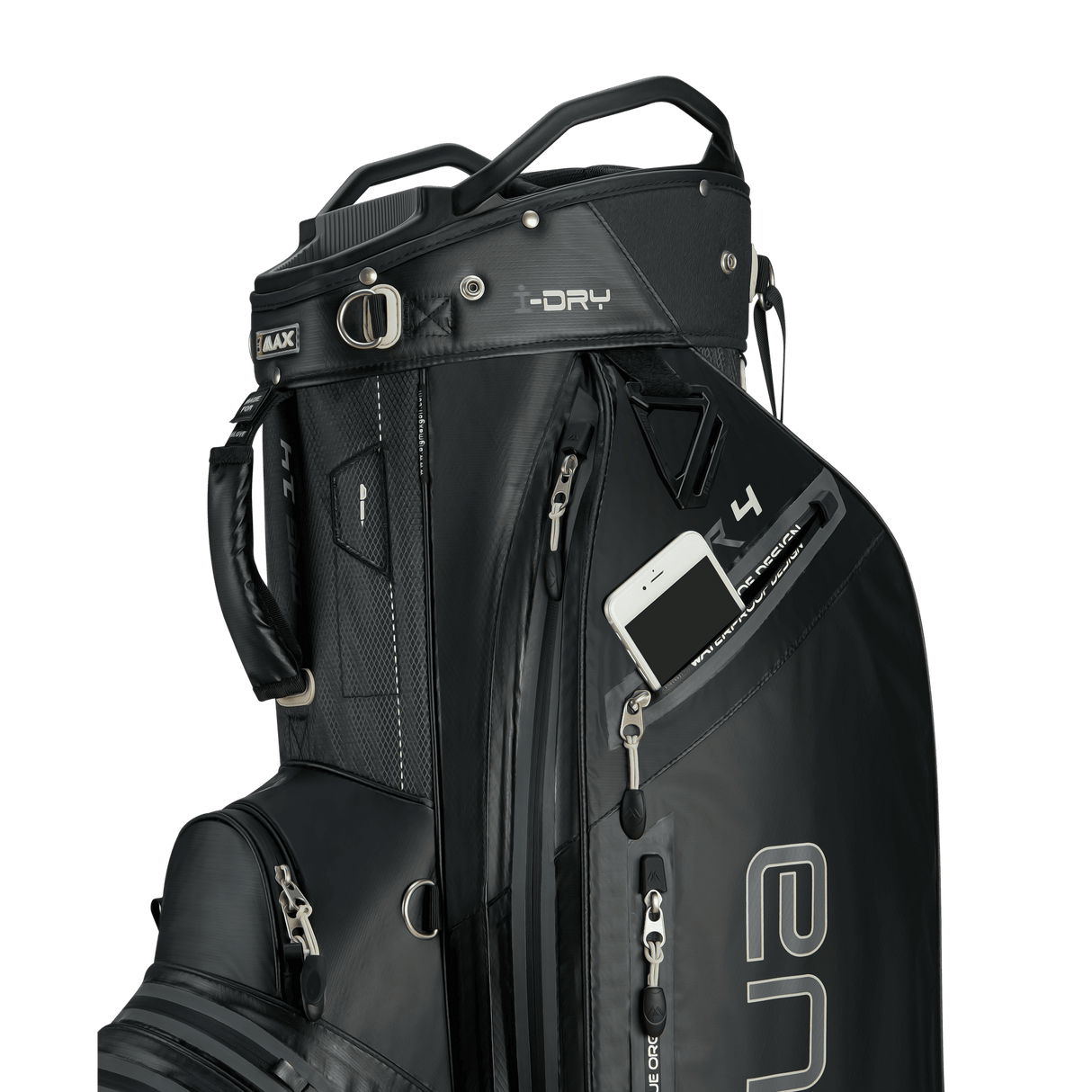 Schwarzes Big Max Aqua Tour 4 Cartbag mit mehreren Reißverschlusstaschen und Smartphonefach.