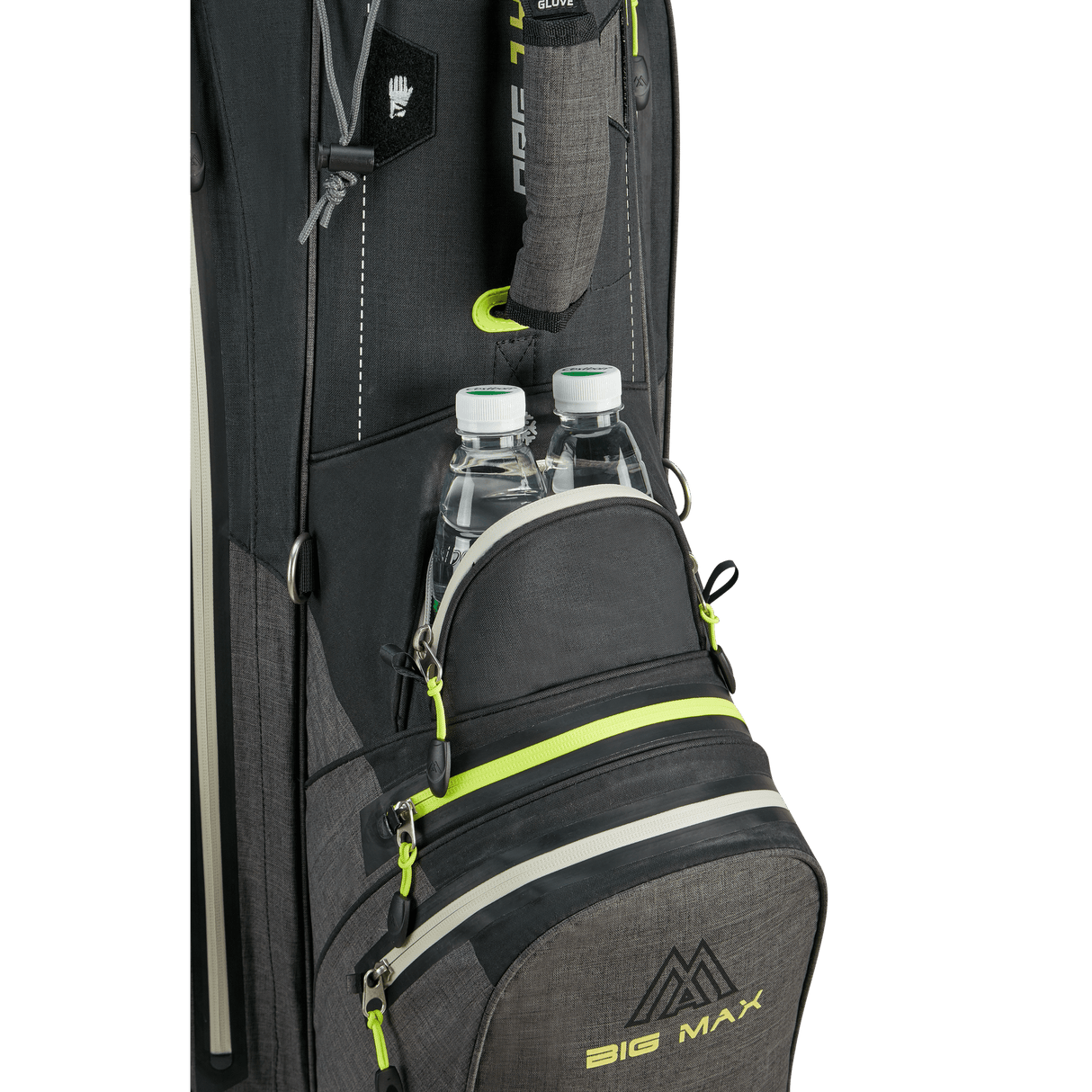 Big Max Aqua Tour 4 Cartbag in dunkelgrau mit schwarzen und limettengrünen Akzenten und mehreren Reißverschlusstaschen.