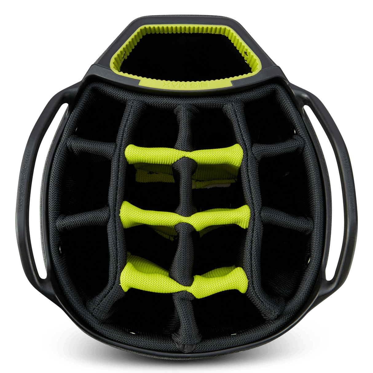 Schwarzes Big Max Aqua Tour 4 Cartbag mit separaten Fächern und limettengrünen Akzenten.