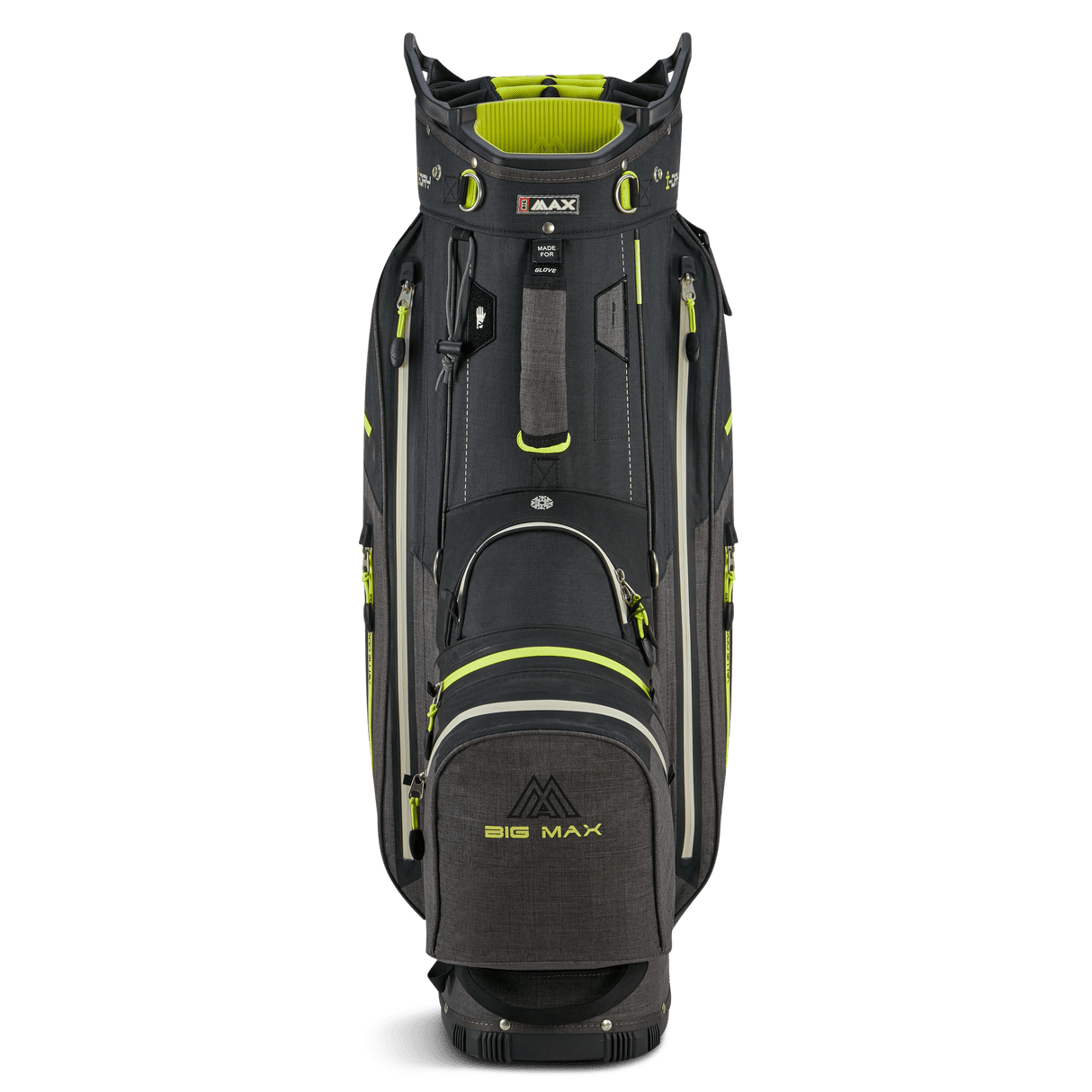 Schwarzes Big Max Aqua Tour 4 Golf-Cartbag mit limonengrünen Akzenten und mehreren Taschen.