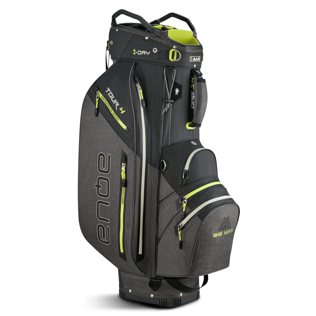 Großes schwarzes Big Max Aqua Tour 4 Golf-Cartbag mit hellgrünen Akzenten und mehreren Reißverschlusstaschen.