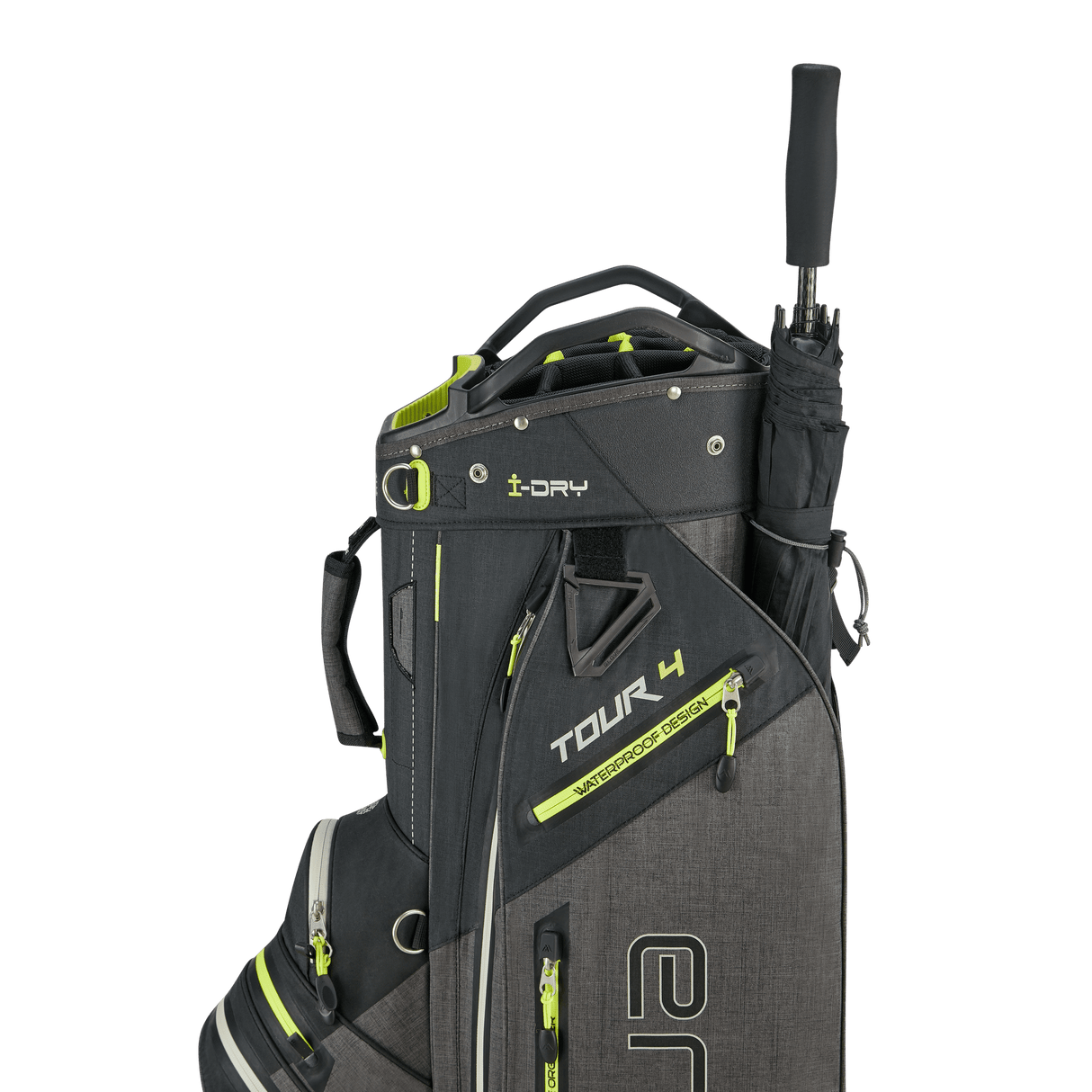 Schwarzes Big Max Aqua Tour 4 Cartbag mit limegrünen Akzenten und mehreren Reißverschlusstaschen.