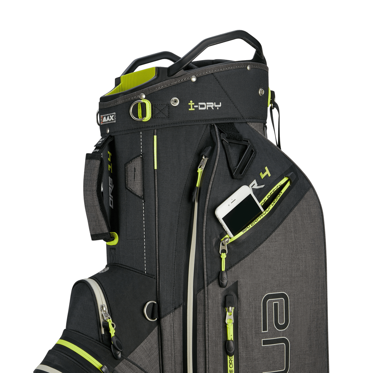 Schwarzes Big Max Aqua Tour 4 Cartbag mit grauen und limettenfarbenen Akzenten und mehreren Reißverschlusstaschen.