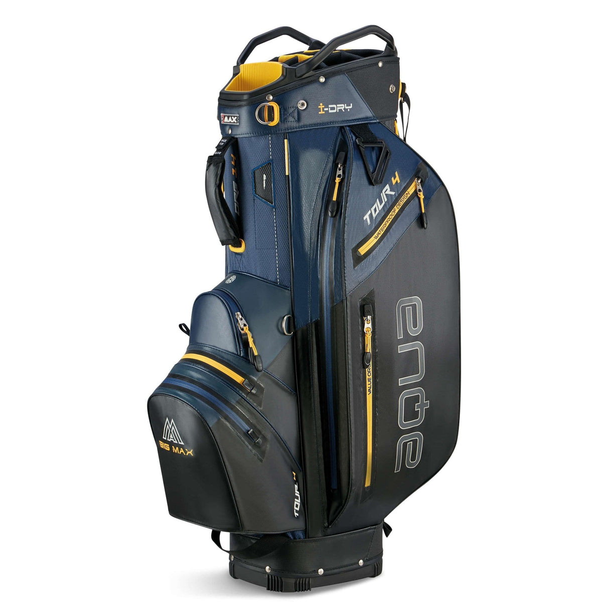 Big Max Aqua Tour 4 Golfcartbag in Navy-Schwarz-Corn mit mehreren Reißverschlusstaschen und Tragegriff.