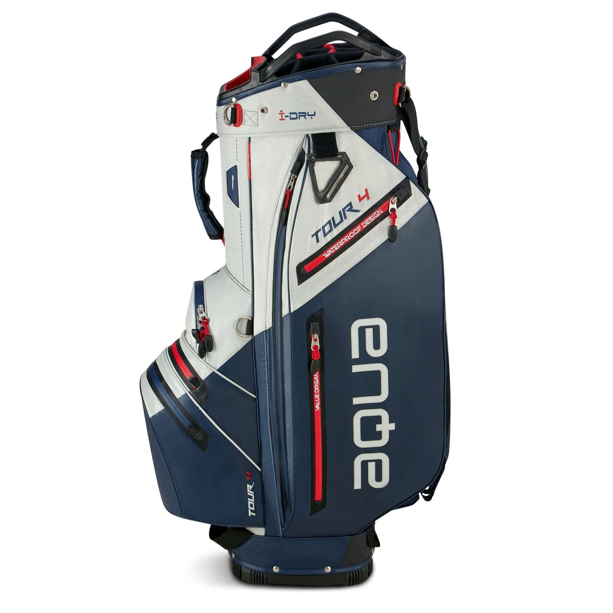 Großes Big Max Aqua Tour 4 Cartbag in Navy-Blau mit weißen und roten Akzenten, mehreren Reißverschlusstaschen und.