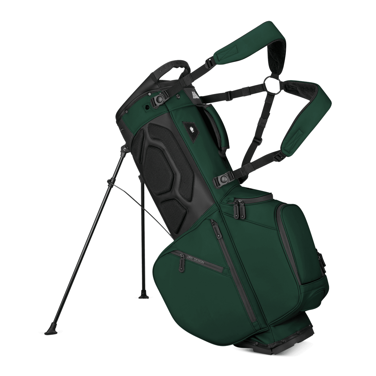 Dunkelgrünes Big Max Dri Lite Hybrid Plus Golf-Standbag mit mehreren Reißverschlusstaschen und gepolsterten Trägern.