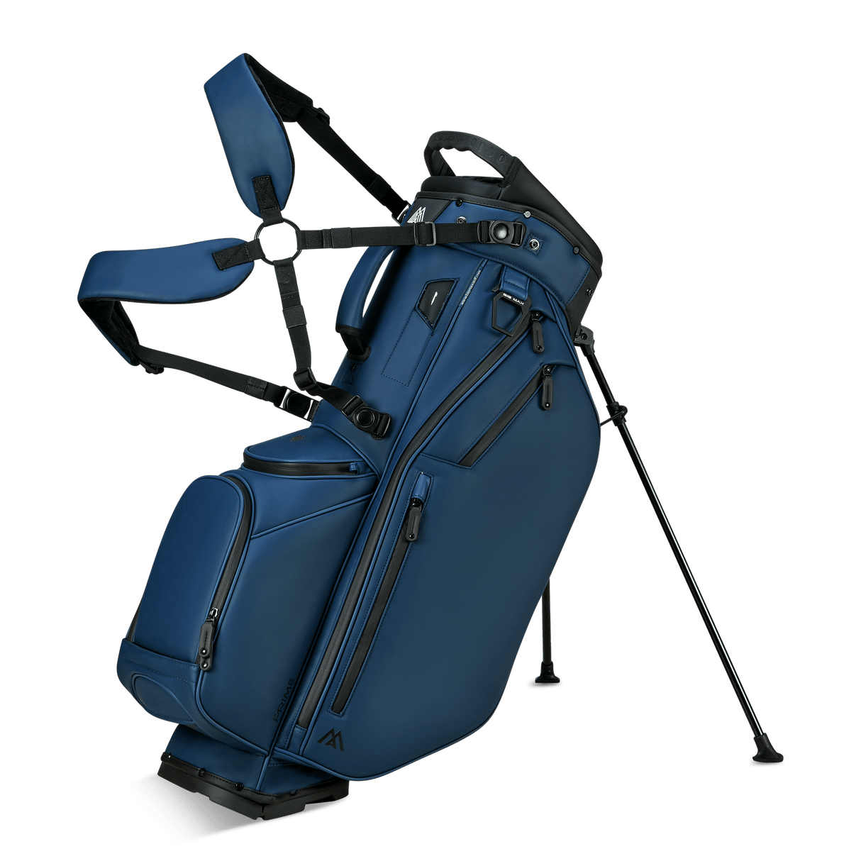 Navyblaues Golf-Standbag mit mehreren Reißverschlusstaschen und verstellbarem Tragesystem.