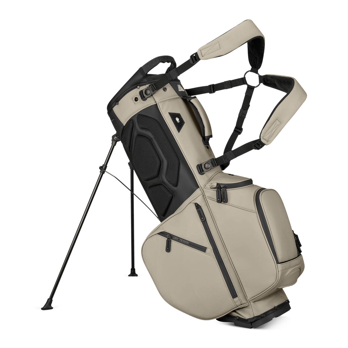 Golfstandbag in Taupe mit mehreren Reißverschlusstaschen und gepolsterten Tragegurten.