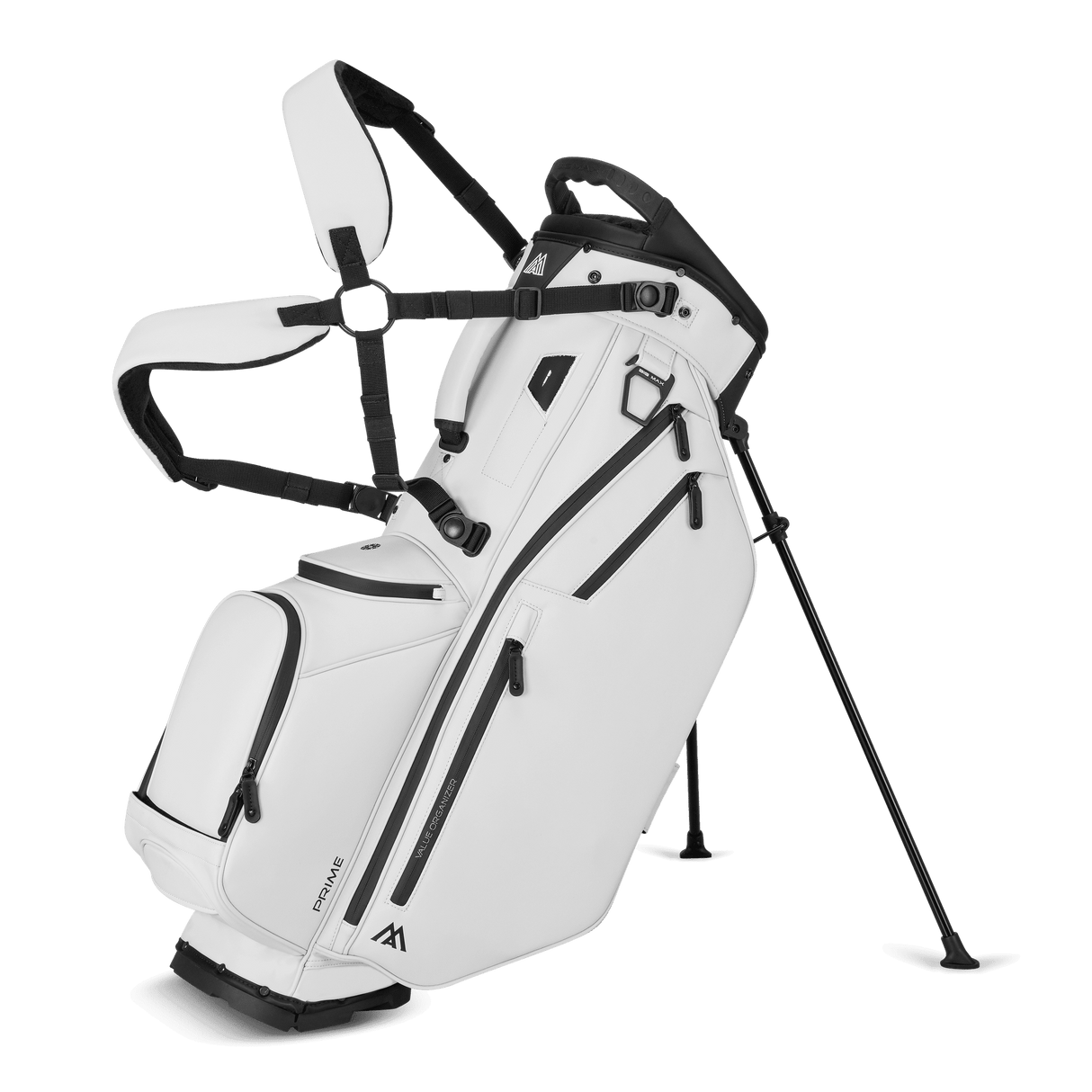 Weißes Big Max Dri Lite Hybrid Prime Golf-Standbag mit mehreren Reißverschlusstaschen und abnehmbarem Schultergurt.