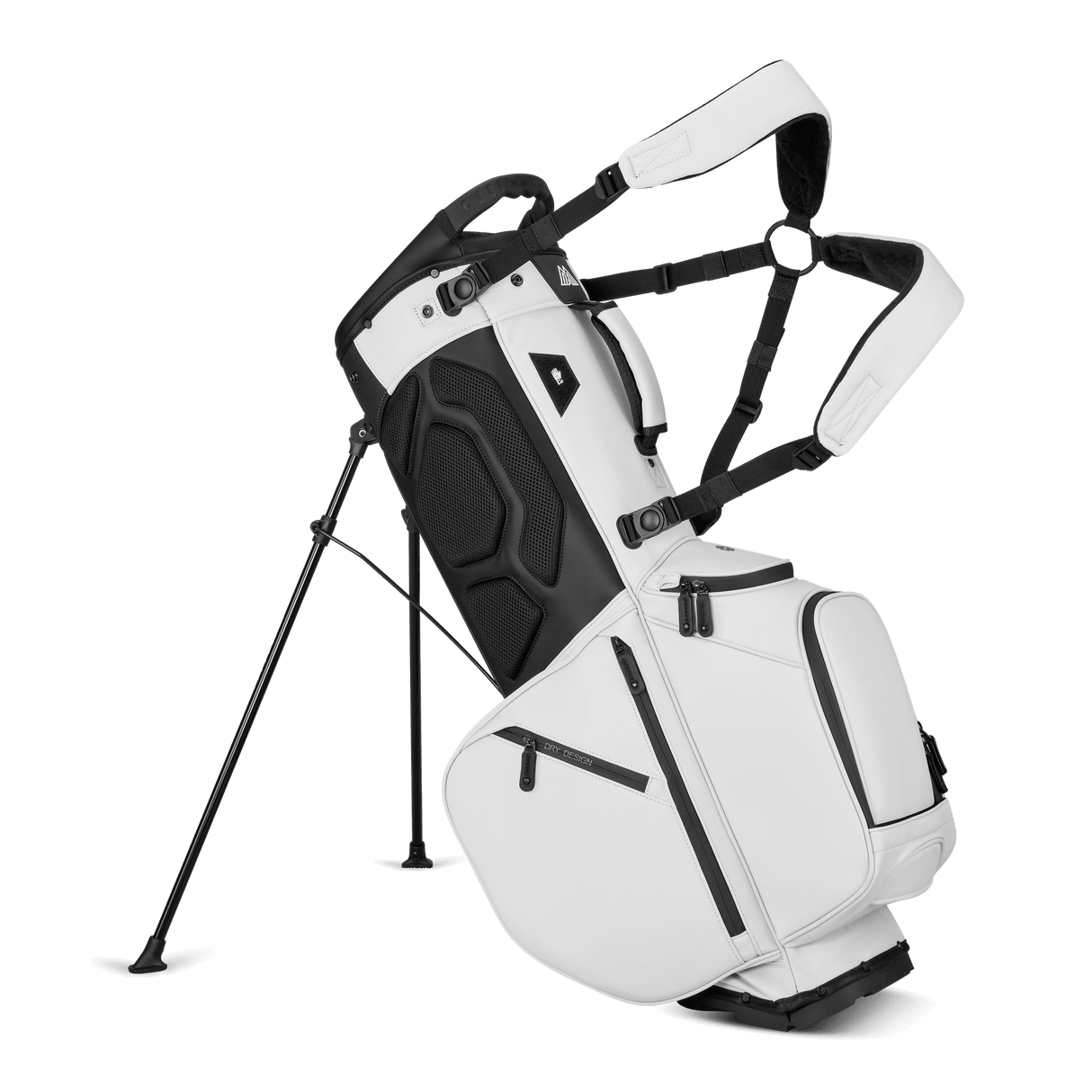 Weißes Big Max Dri Lite Hybrid Prime Golfstandbag mit schwarzen Akzenten, mehreren Reißverschlusstaschen und bequemen.
