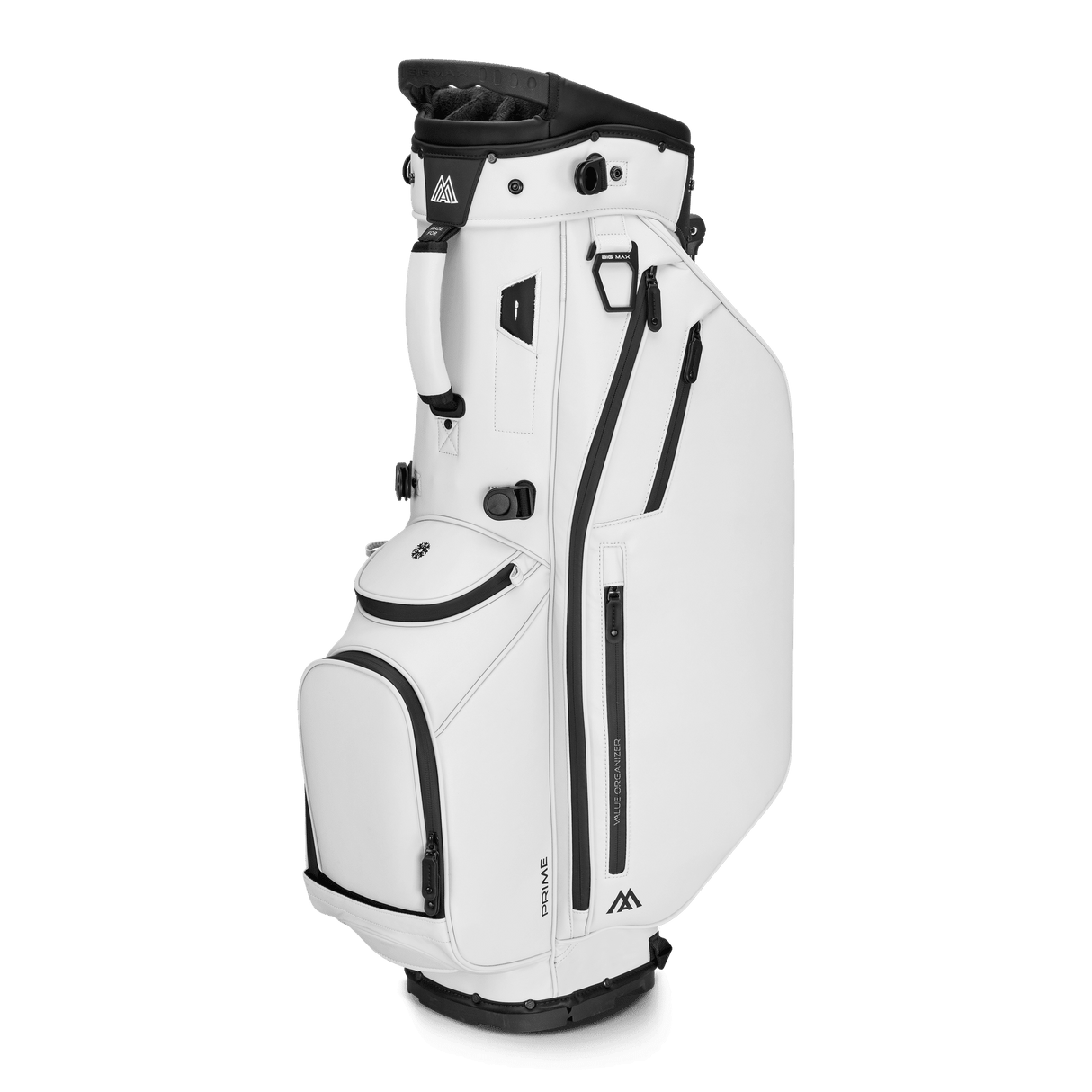 Off-White Big Max Dri Lite Hybrid Prime Golfstandbag mit mehreren Taschen und Tragegriff.