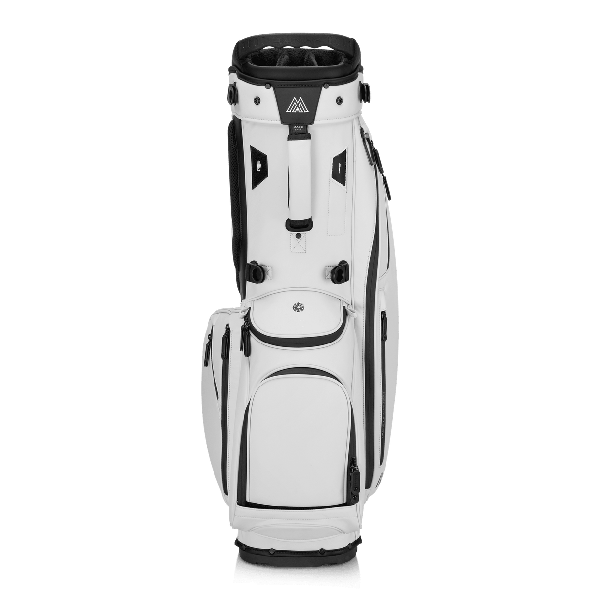 Weißes Big Max Dri Lite Hybrid Prime Golfbag mit mehreren Taschen und verstellbarem Tragegurt.