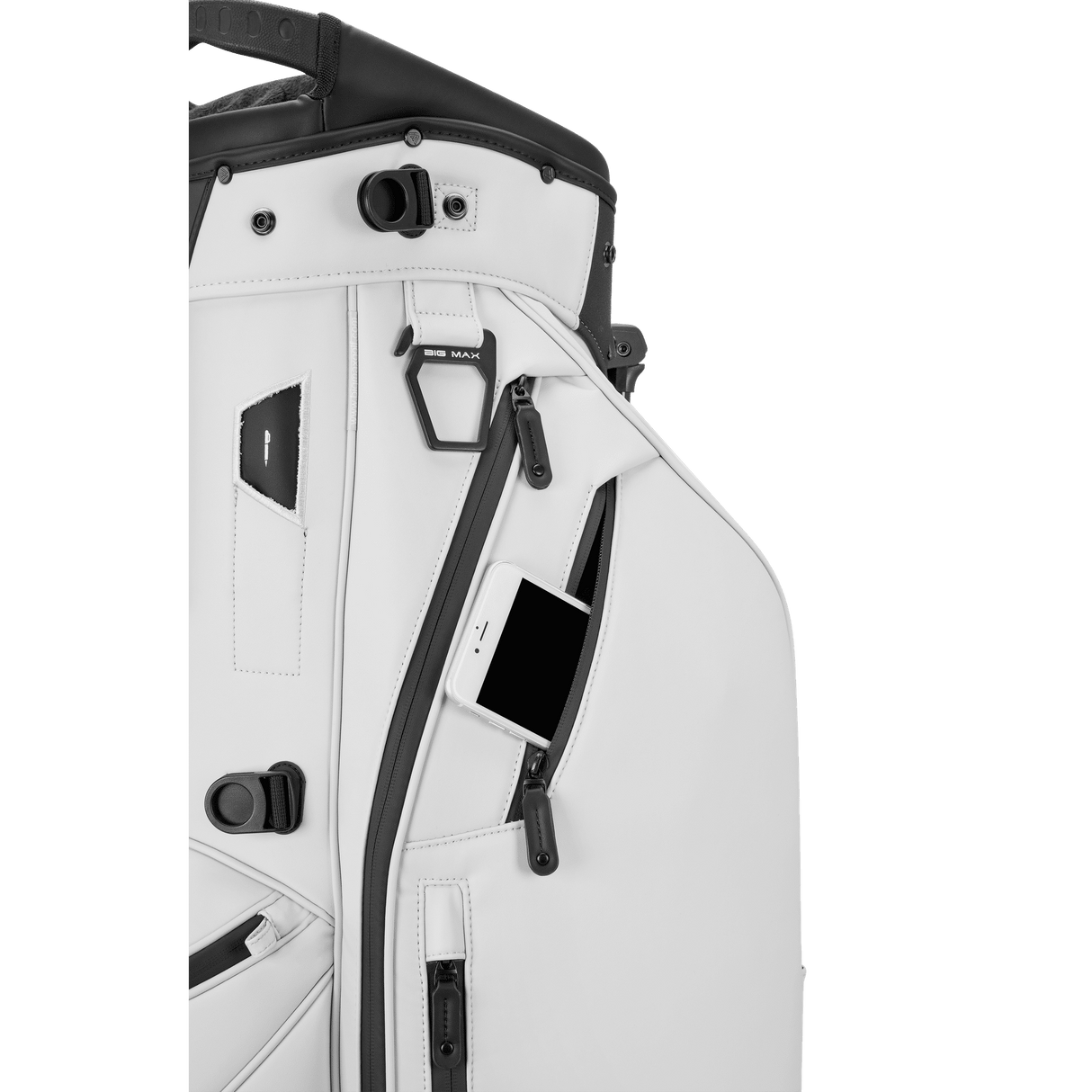 Weißes Big Max Dri Lite Hybrid Prime Golf-Standbag mit mehreren Reißverschlussfächern und schwarzem Karabinerhaken.