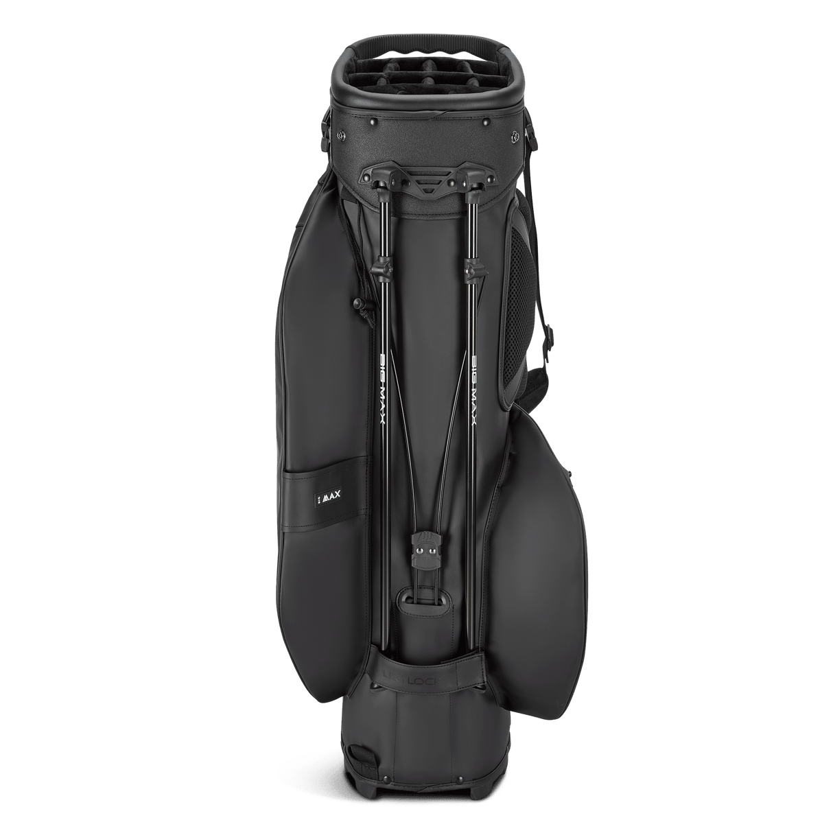 Schwarzes Big Max Dri Lite Hybrid Prime Golf-Standbag mit mehreren Taschen und Tragegurt, übersichtliche Stabfächeröffnung.