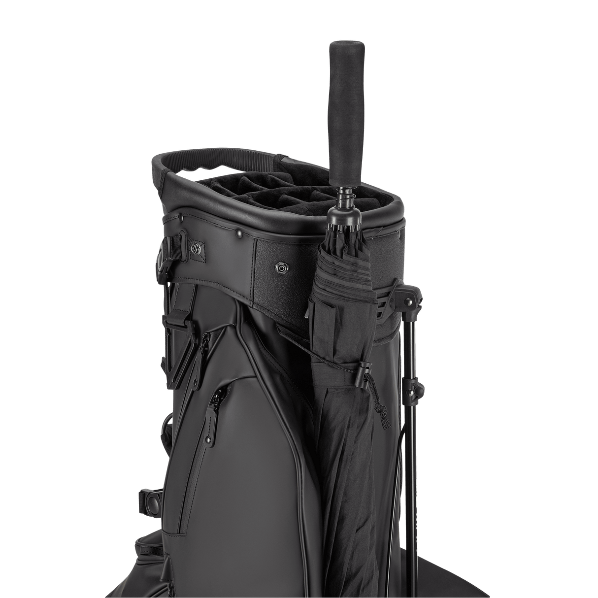 Schwarzes Golf-Standbag mit integriertem Regenschirmhalter und mehreren Reißverschlusstaschen.