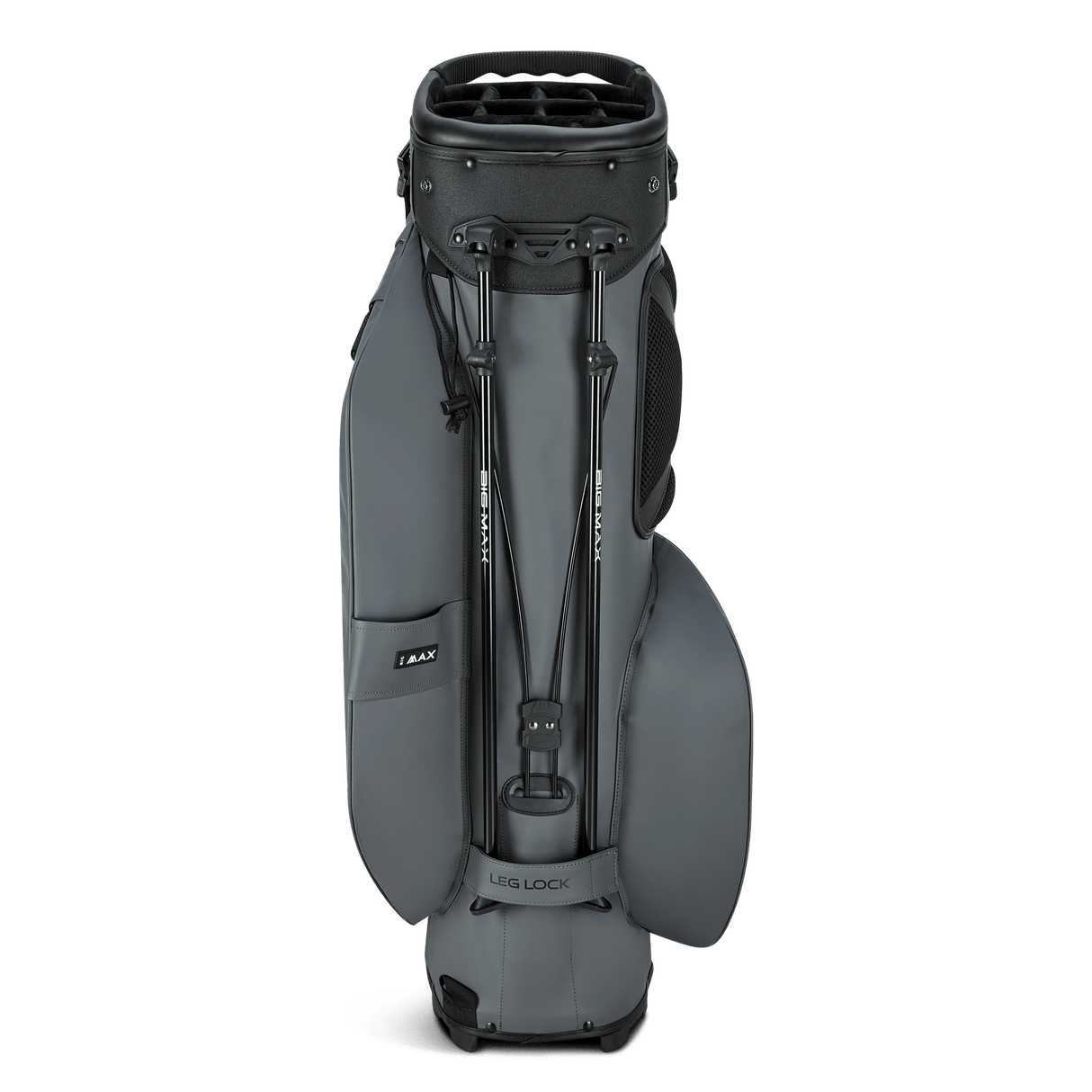 Schwarzes Big Max Dri Lite Hybrid Prime Golfbag mit Ständer und mehreren Außentaschen aus wasserabweisendem Material.