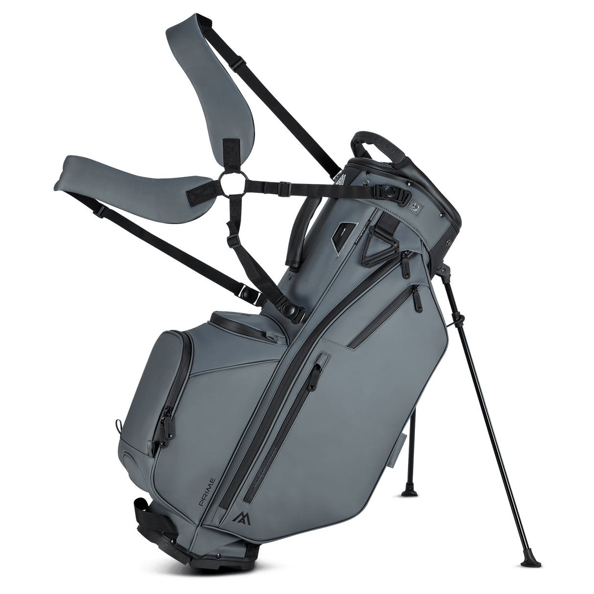 Big Max Dri Lite Hybrid Prime Standbag in Taupe mit mehreren Reißverschlusstaschen und Standbeinen.