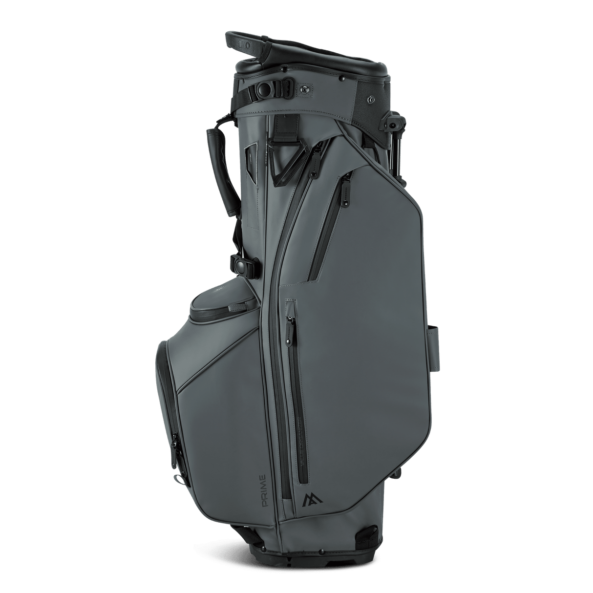 Grau-schwarze Big Max Dri Lite Hybrid Prime Standbag mit mehreren Reißverschlusstaschen und verstellbaren Gurten.