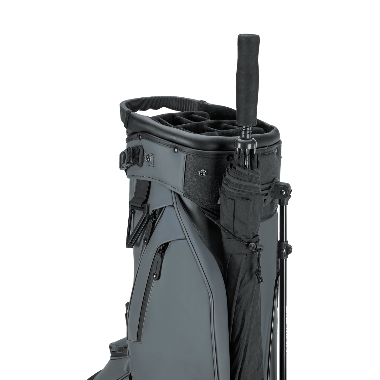 Dunkelgraue Big Max Dri Lite Hybrid Prime Golf-Tasche mit Ständer und Regenschirmhalterung.