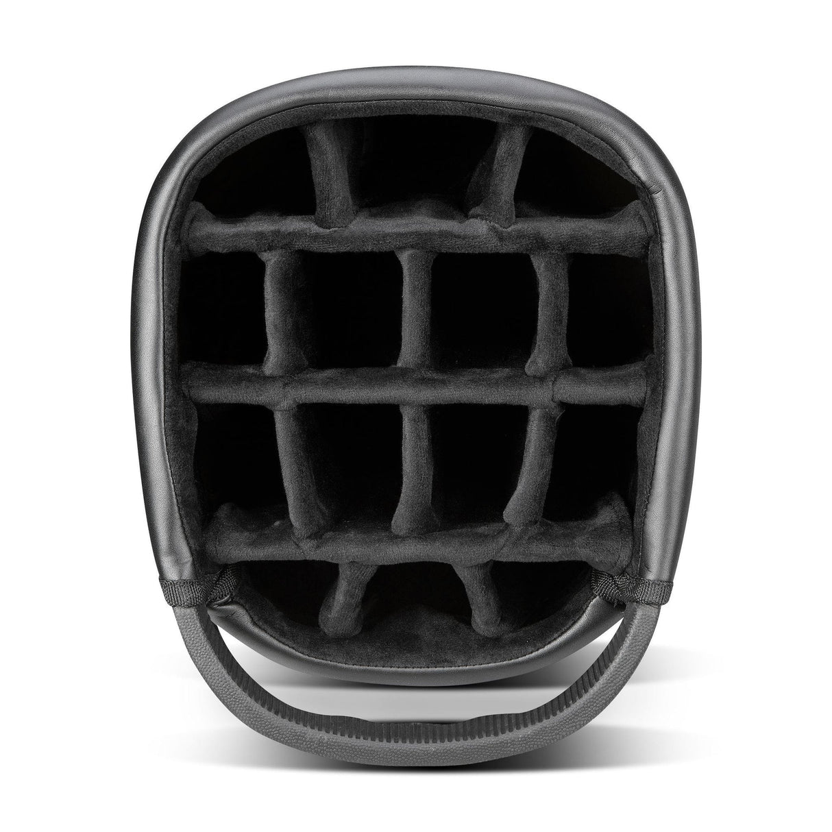 Großes Golfbag-Topfach mit 14 Fächern und gepolstertem Rand in dunklem Grau.