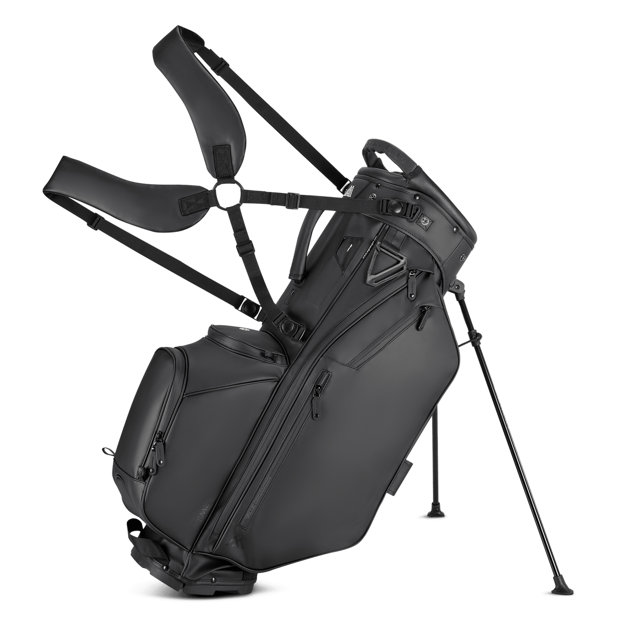 Schwarzes Big Max Dri Lite Hybrid Prime Golf-Standbag mit mehreren Reißverschlusstaschen und abnehmbarem Tragegurt.