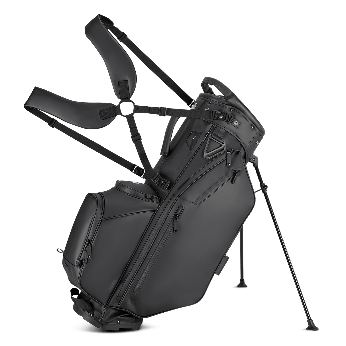 Schwarzes Big Max Dri Lite Hybrid Prime Golf-Standbag mit mehreren Reißverschlusstaschen und abnehmbarem Tragegurt.